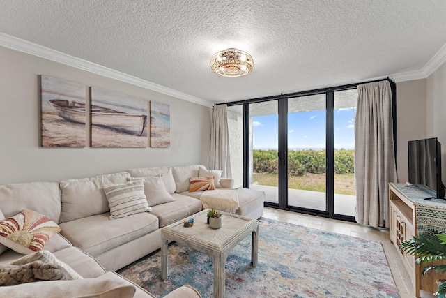 tiled living room featuring ornamental molding, floor to ceiling windows, and a textured ceiling