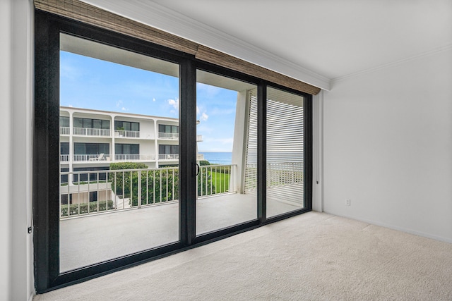 entryway with crown molding, a water view, and carpet flooring