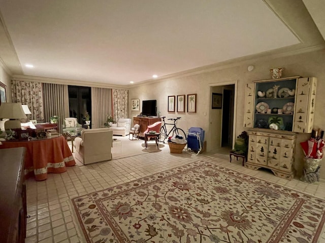 living room with ornamental molding