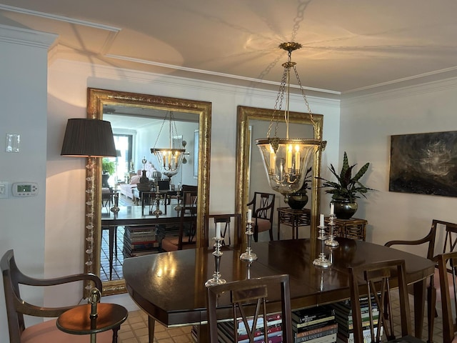 dining room with an inviting chandelier and ornamental molding