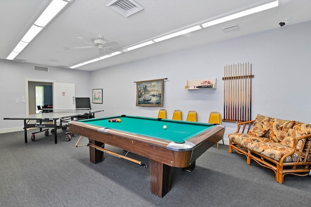 rec room with carpet, billiards, visible vents, and a ceiling fan