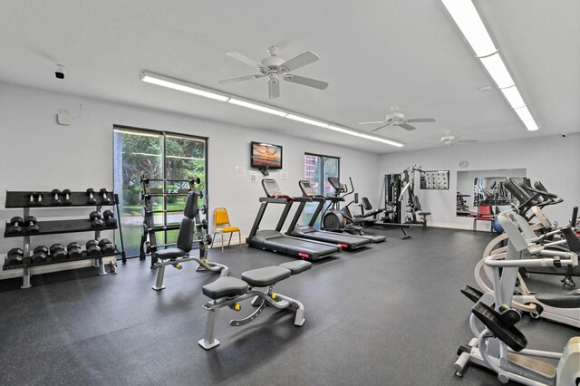 workout area featuring ceiling fan