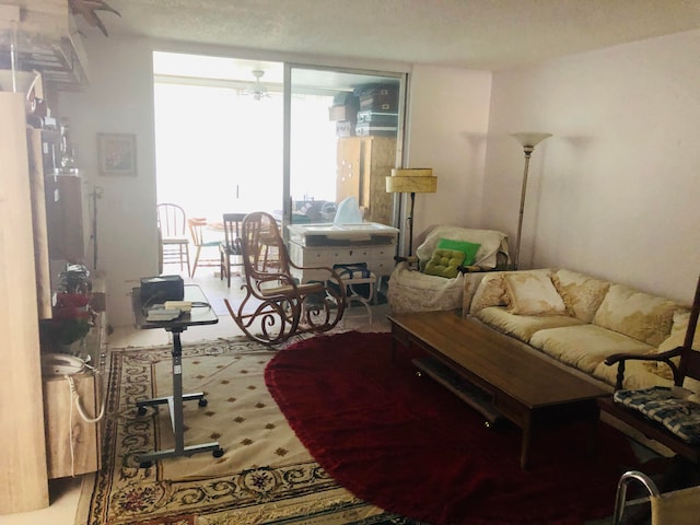 living room with ceiling fan and a wall of windows