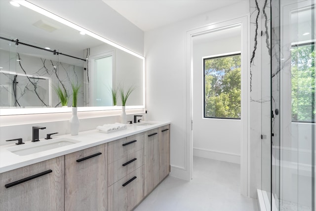 bathroom featuring vanity, concrete flooring, and walk in shower