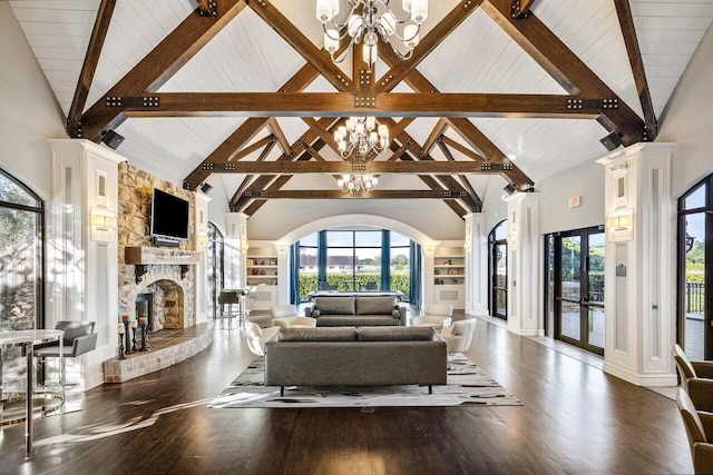 living room featuring hardwood / wood-style flooring, beamed ceiling, and high vaulted ceiling