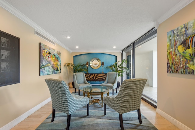 interior space featuring crown molding, hardwood / wood-style flooring, and a textured ceiling