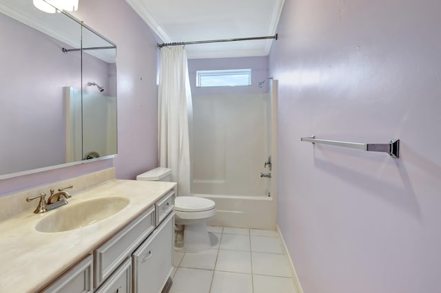 full bathroom with shower / tub combo, tile floors, vanity, ornamental molding, and toilet