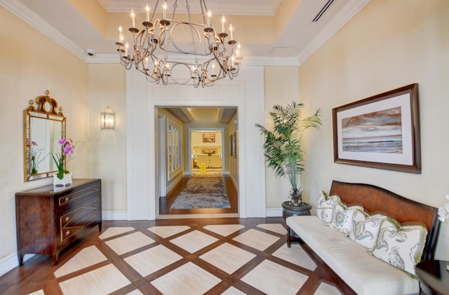 corridor featuring parquet floors, a tray ceiling, a chandelier, and crown molding