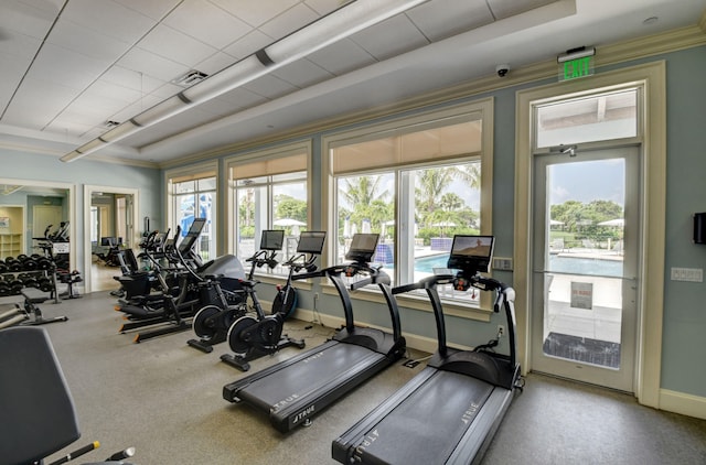 workout area with ornamental molding