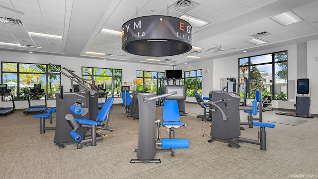 exercise room with a paneled ceiling, ceiling fan, and light colored carpet