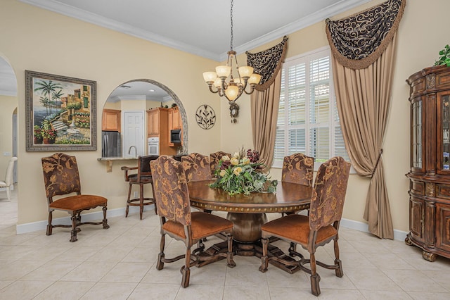 tiled living room featuring ceiling fan with notable chandelier and ornamental molding