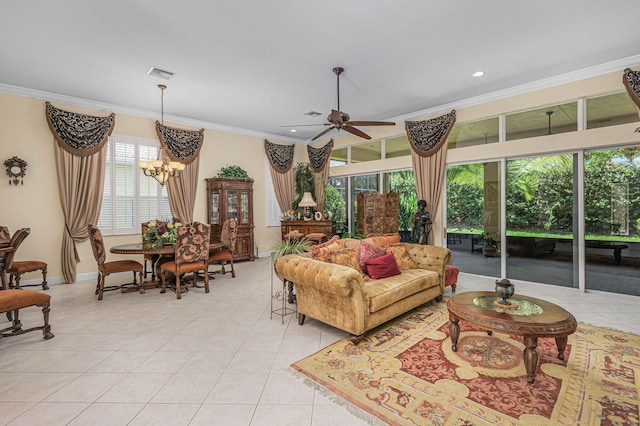 tiled living room with ceiling fan and crown molding