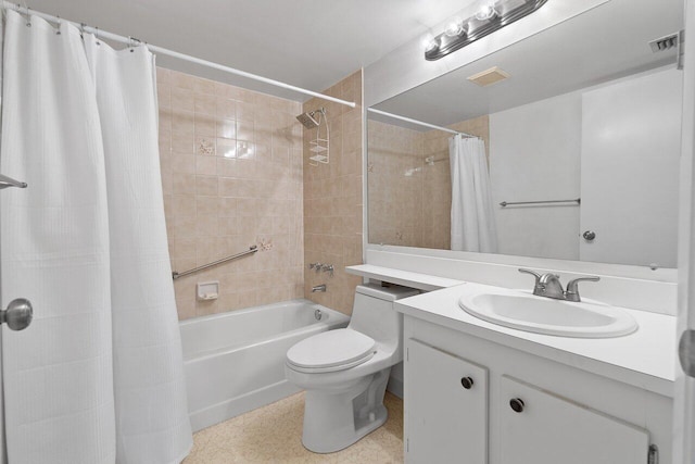 full bathroom with shower / bath combination with curtain, toilet, and vanity