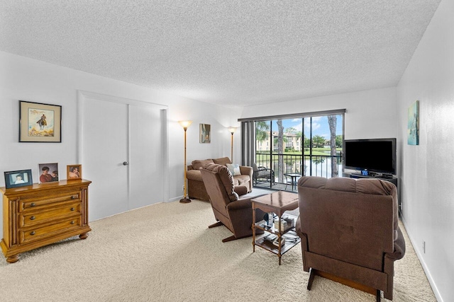 carpeted living room with a textured ceiling