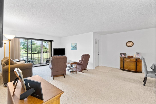 carpeted living room featuring a textured ceiling