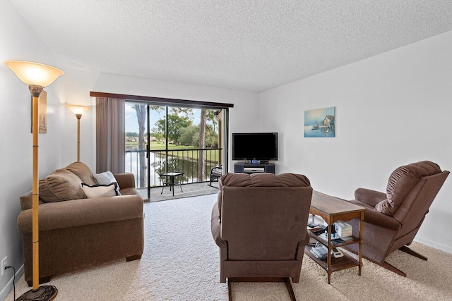 carpeted living room featuring a textured ceiling