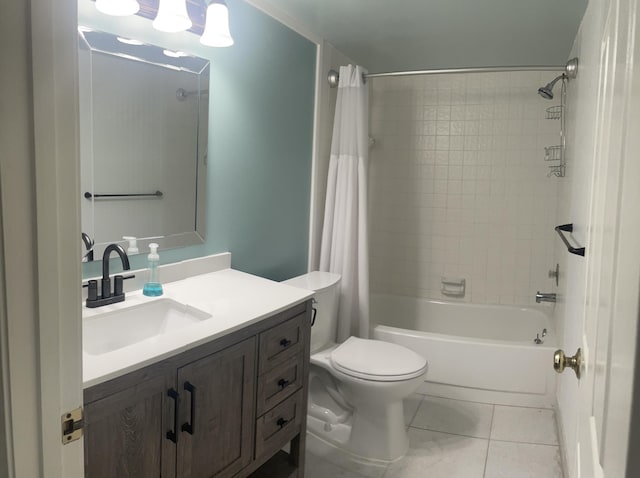 full bathroom with toilet, vanity, shower / bath combo with shower curtain, and tile patterned floors