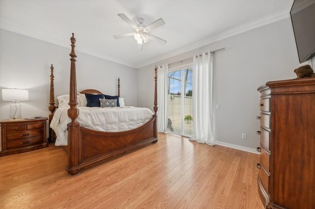 bedroom featuring ceiling fan, light hardwood / wood-style floors, access to exterior, and ornamental molding