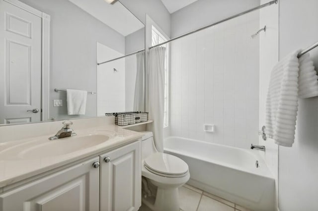 full bathroom with shower / bath combo, toilet, tile flooring, and vanity