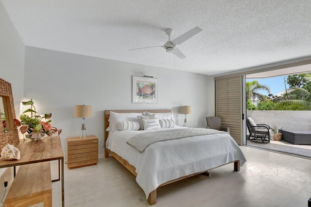 bedroom with a textured ceiling and ceiling fan