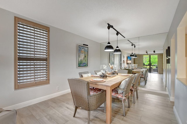 dining area with light wood-type flooring and rail lighting