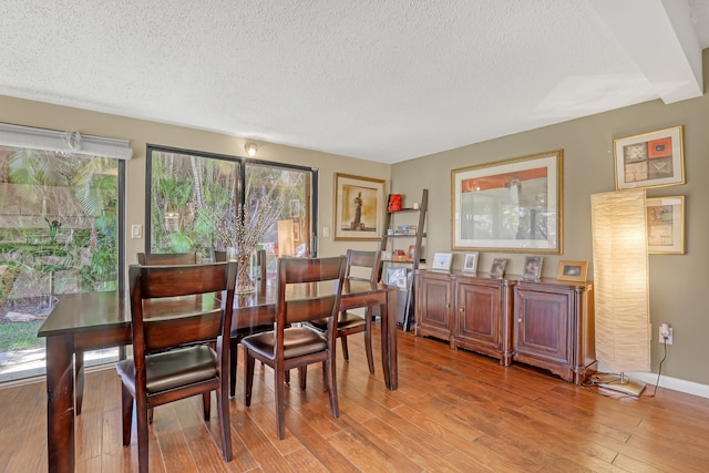 dining room with light hardwood / wood-style flooring and a textured ceiling