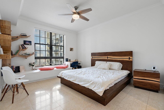 bedroom with ornamental molding, ceiling fan, and light tile floors