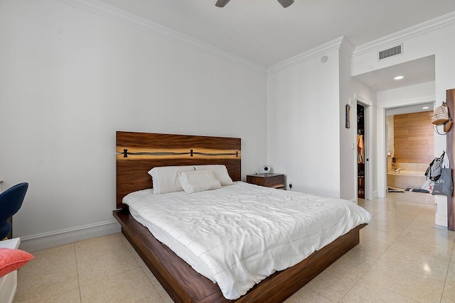 tiled bedroom featuring crown molding, ensuite bathroom, and ceiling fan