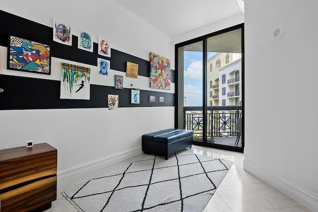 sitting room with tile flooring, a textured ceiling, a wall of windows, and crown molding