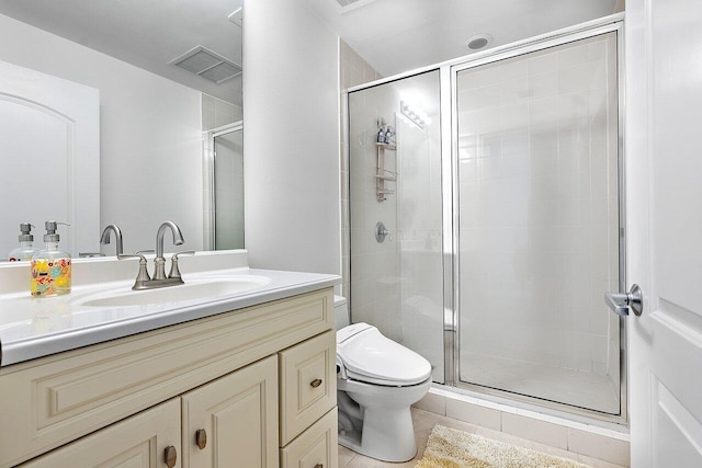 bathroom featuring walk in shower, toilet, and oversized vanity