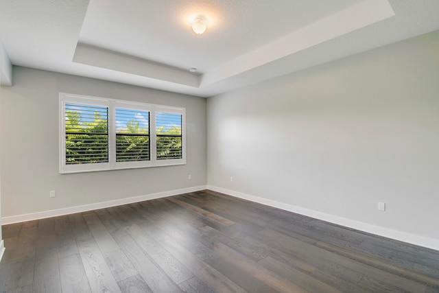 spare room with dark wood-type flooring and a raised ceiling