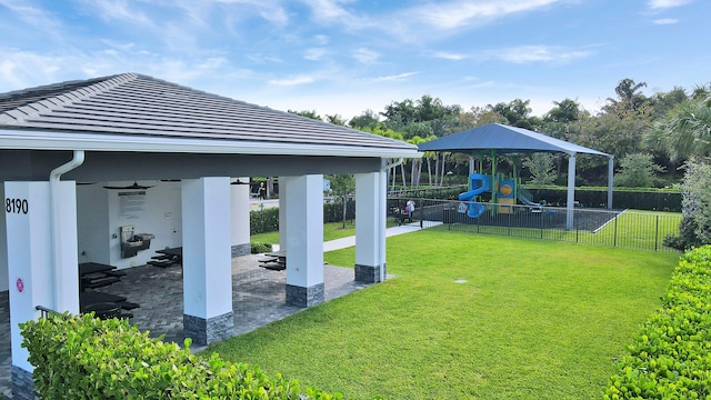 view of yard with a playground and a gazebo