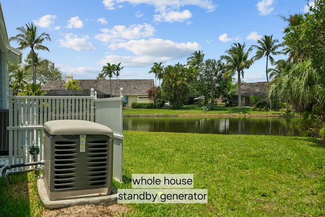 view of property's community with a water view and a lawn