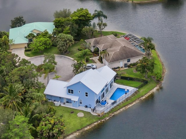 drone / aerial view with a water view