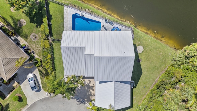 drone / aerial view featuring a water view