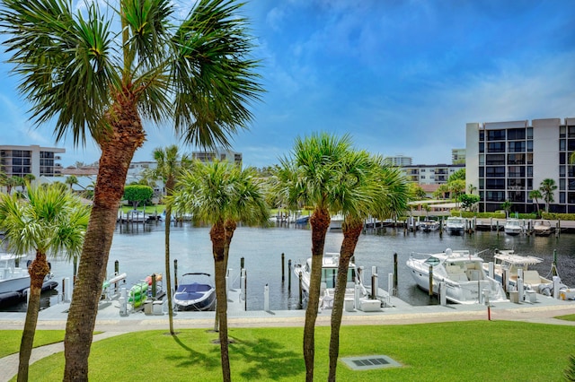 view of water feature with a dock