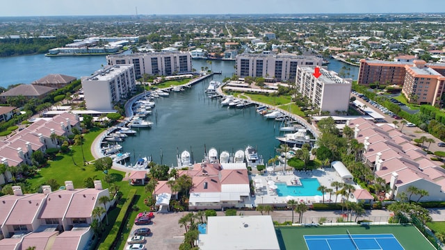 drone / aerial view featuring a water view