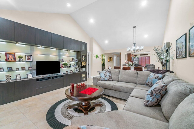 living room with high vaulted ceiling, light tile flooring, and a chandelier