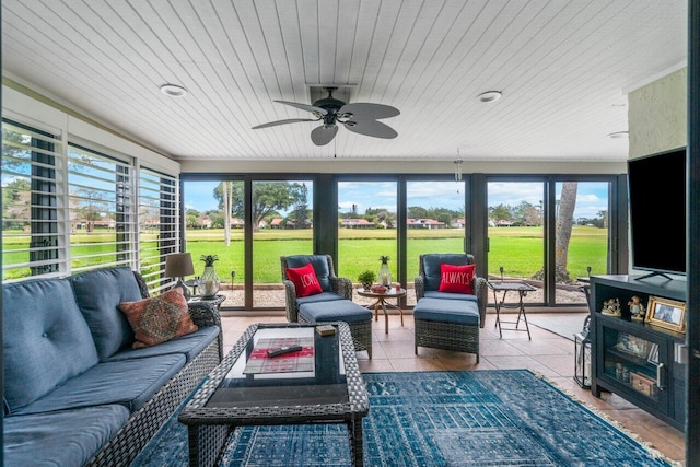 sunroom / solarium with wood ceiling, a wealth of natural light, and ceiling fan