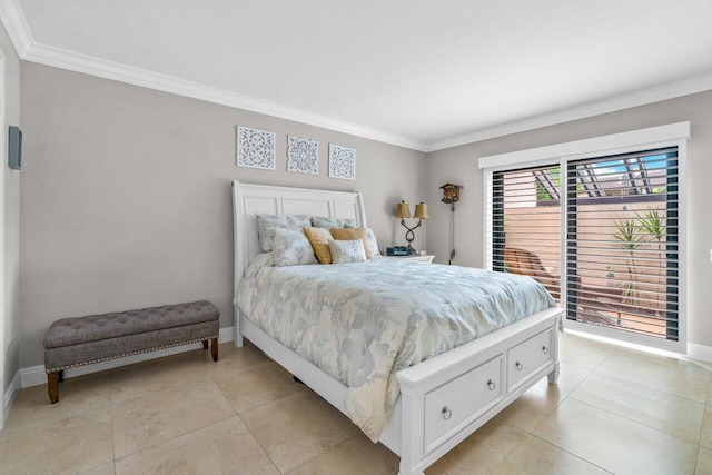 tiled bedroom featuring crown molding