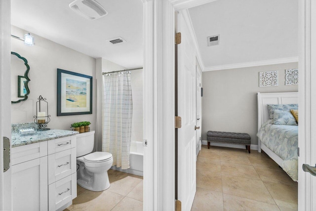 full bathroom featuring crown molding, toilet, tile flooring, shower / tub combo with curtain, and vanity