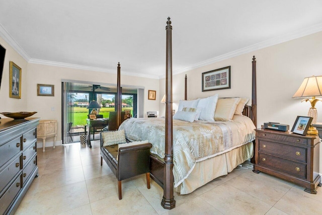 tiled bedroom featuring crown molding