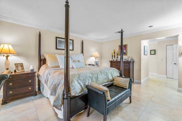 bedroom with crown molding and light tile floors