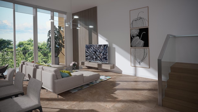 tiled living room featuring expansive windows