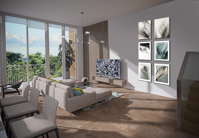 tiled living room featuring expansive windows and a wealth of natural light