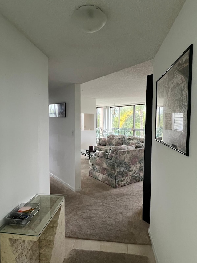 hallway featuring carpet floors and a textured ceiling