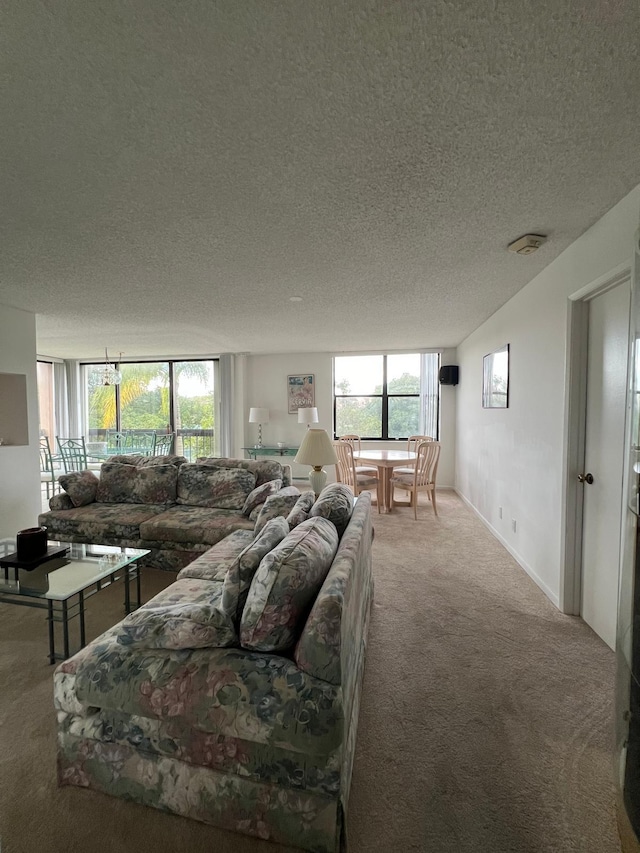 carpeted living room with a textured ceiling