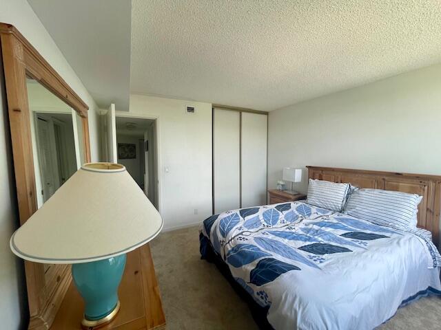 bedroom featuring a closet, a textured ceiling, and carpet flooring