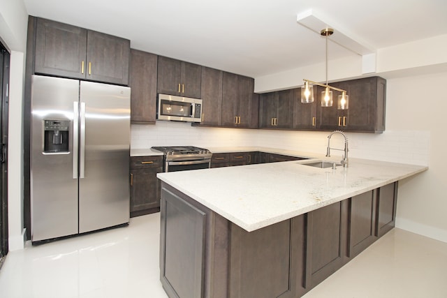 kitchen with stainless steel appliances, kitchen peninsula, backsplash, dark brown cabinetry, and sink