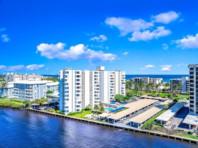 drone / aerial view featuring a water view